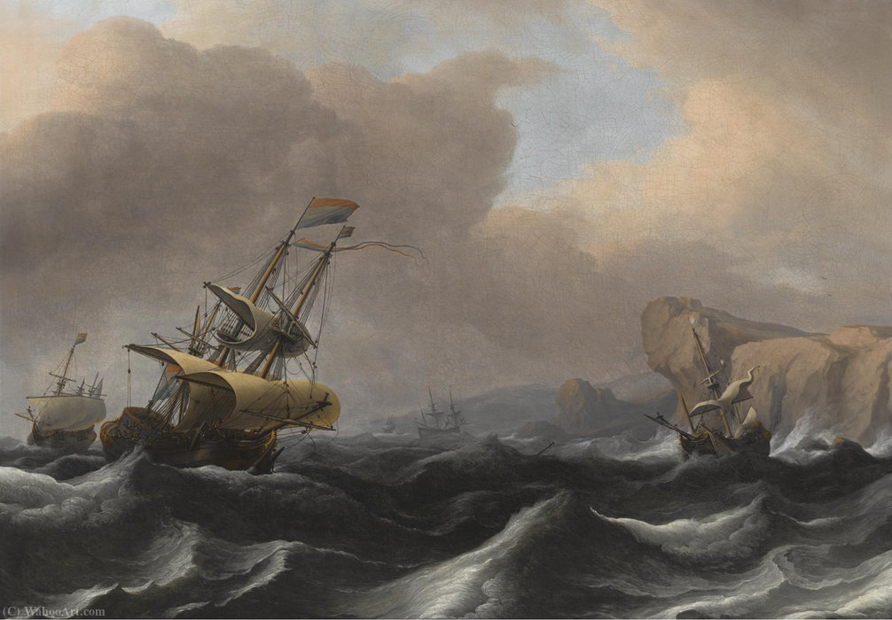 Buy Museum Art Reproductions A dutch frigate and other shipping in stormy seas along a rocky coastline by Aernout Smit (1641-1710, Netherlands) | ArtsDot.com