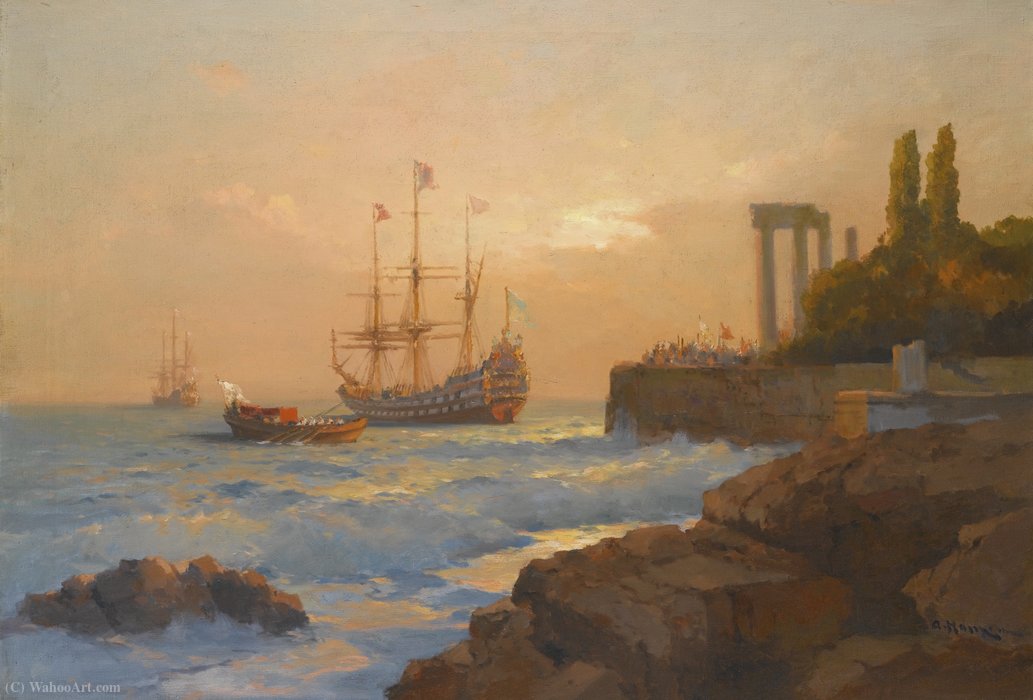 Order Paintings Reproductions Triumphant ship approaching the harbour by Aleksei Vasilievich Hanzen (1876-1937, Ukraine) | ArtsDot.com