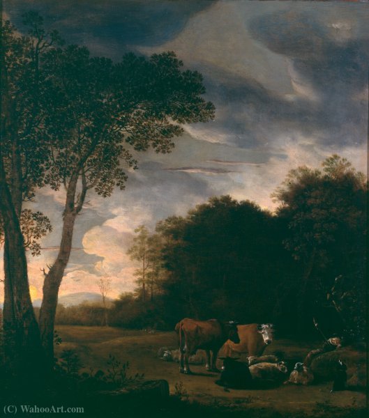 Order Art Reproductions Sheltered pasture with cattle. by Anthonie Van Borssom | ArtsDot.com