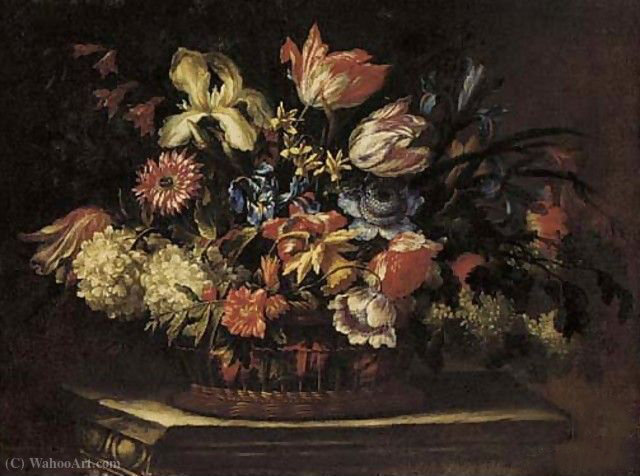Order Artwork Replica Tulips, irises, daffodils, poppies and other flowers in a basket on a plinth by Cornelis Kick (1634-1681, Netherlands) | ArtsDot.com