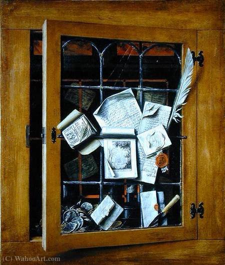 Order Paintings Reproductions A trompe l`oeil of an open glazed cupboard door, with numerous papers and objects by Cornelis Norbertus Gysbrechts (Cornelius Gijsbrechts) (1640-1675, Belgium) | ArtsDot.com