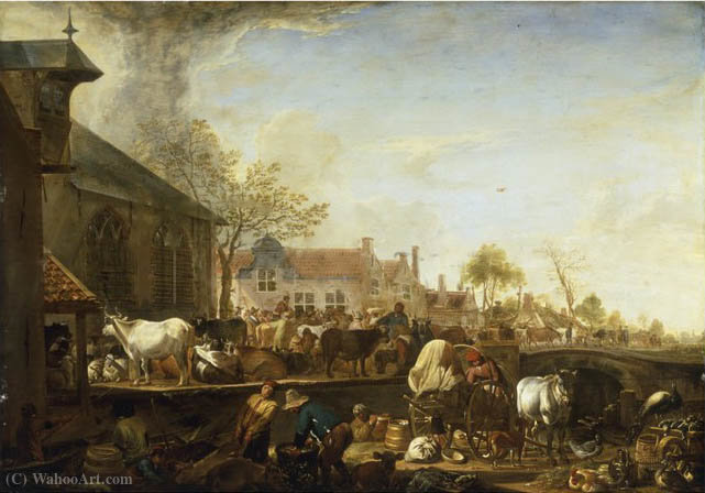 Order Art Reproductions A Cattle Market by a Canal on the Edge of a Dutch Town by Cornelis Saftleven (Cornelis Zachtleven) (1607-1681, Netherlands) | ArtsDot.com