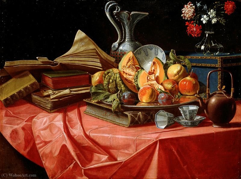 Order Art Reproductions Books, Chinese porcelain, fruit tray, trunk, flower pot and teapot on table covered with red cloth by Cristoforo Munari (1667-1720, Italy) | ArtsDot.com