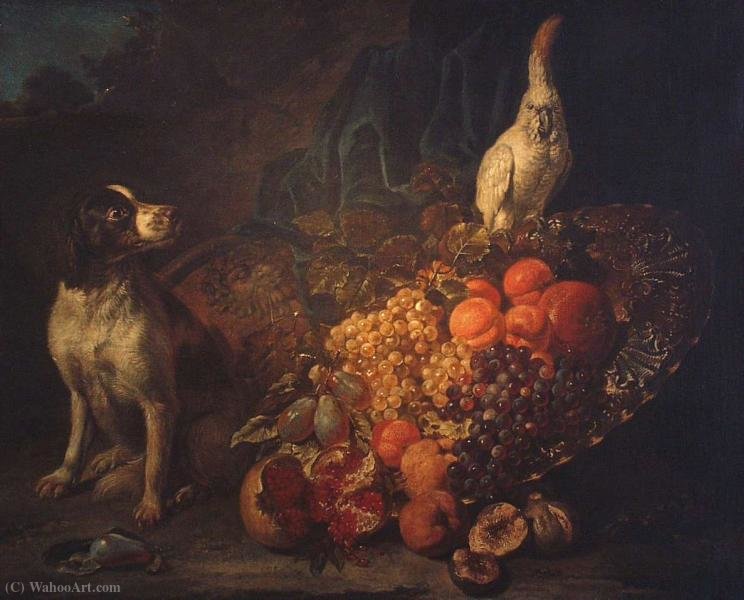 Order Artwork Replica Ostentatious still life with dog and parrot by David De Coninck (1644-1701, Belgium) | ArtsDot.com