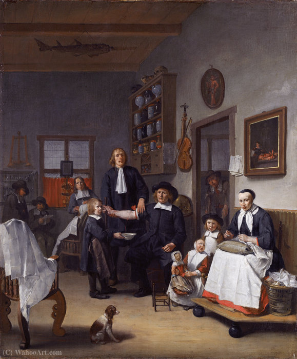 Order Oil Painting Replica Jacob Franszn and family in his barber-surgeon shop by Egbert Jaspersz Van Heemskerck (1635-1704, Netherlands) | ArtsDot.com