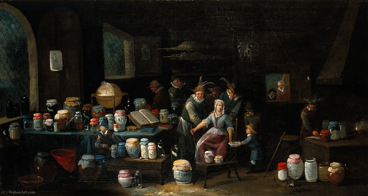 Order Oil Painting Replica Operators letting blood from the arm of a woman in a room crowded with pharmacy jars. by Egbert Jaspersz Van Heemskerck (1635-1704, Netherlands) | ArtsDot.com