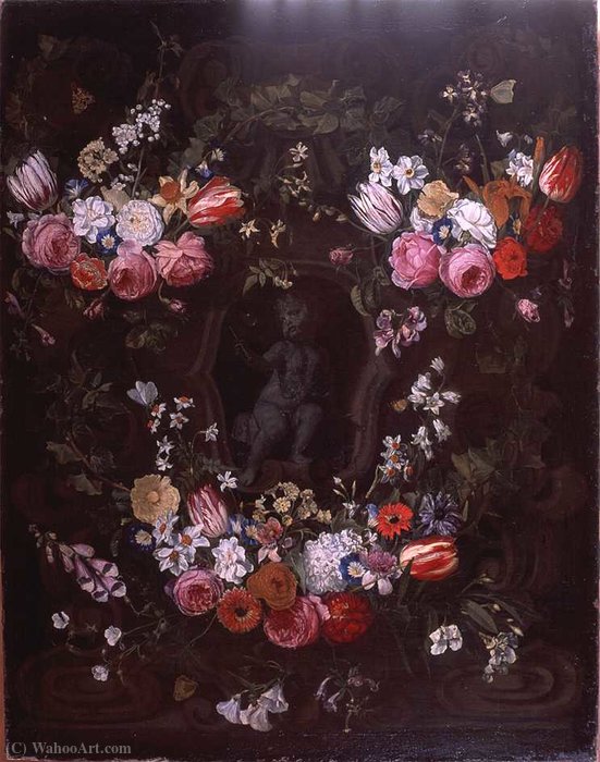 Order Art Reproductions Garland of flowers surrounding cherub in grisaille. by Erasmus Ii Quellinus | ArtsDot.com