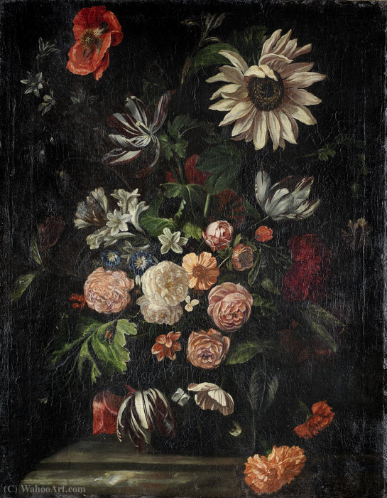 Order Oil Painting Replica Roses, tulips, poppies, a sunflower and other flowers in a glass vase on a stone ledge by Ernst Stuven (1657-1712, Germany) | ArtsDot.com