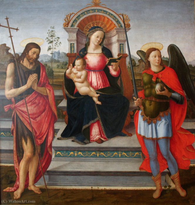 Buy Museum Art Reproductions Madonna Enthroned with the blessing child, John the Baptist and St. Michael the Archangel by Francesco Granacci (1469-1543, Italy) | ArtsDot.com