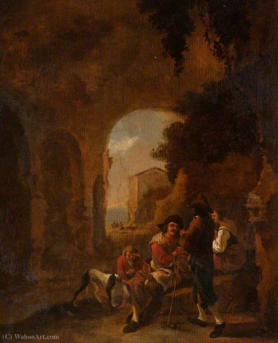 Order Oil Painting Replica Roman Peasants Conversing in a Grotto amongst Ruins by Frederik De Moucheron | ArtsDot.com