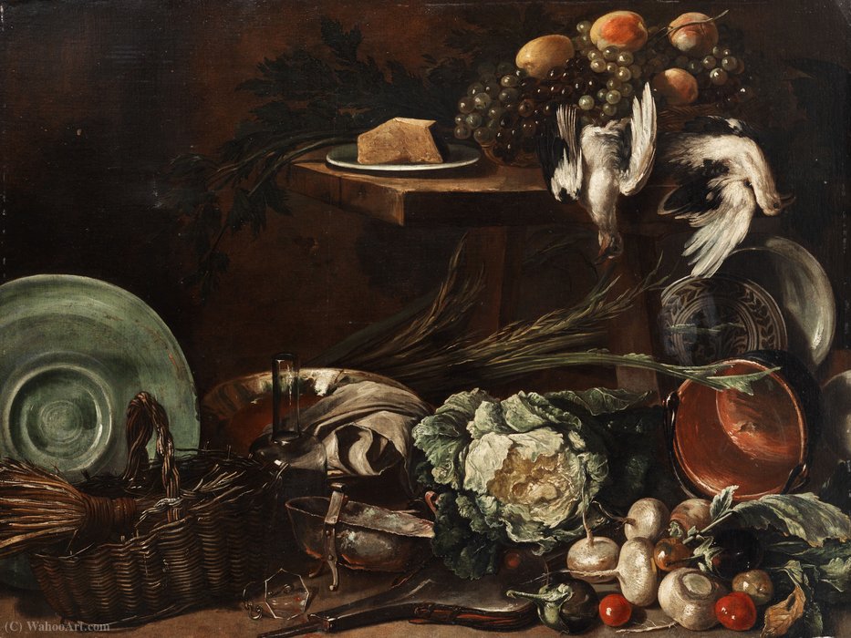 Order Artwork Replica Great kitchen still life with vegetables, plate, trash, dead poultry and uvade by Giuseppe Recco (1634-1695, Italy) | ArtsDot.com