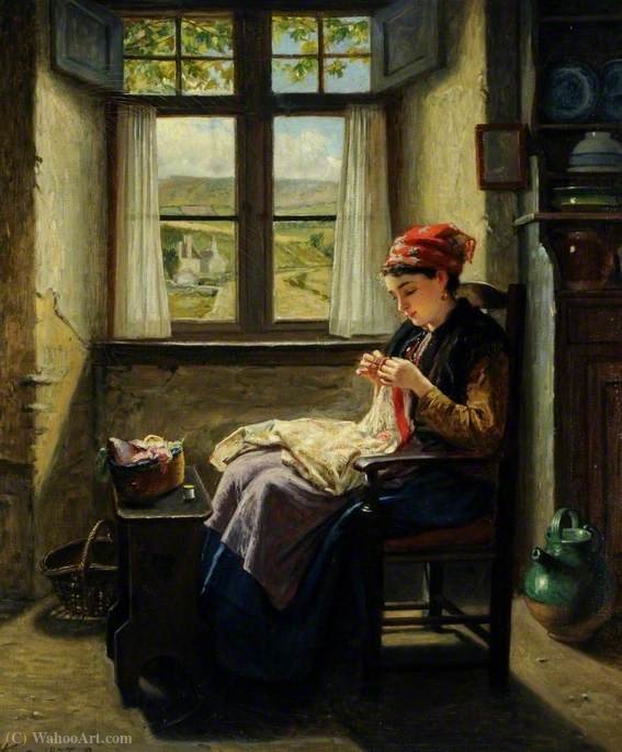 Order Paintings Reproductions Industry (Girl at Window, Sewing) by Haynes King (1831-1904, France) | ArtsDot.com