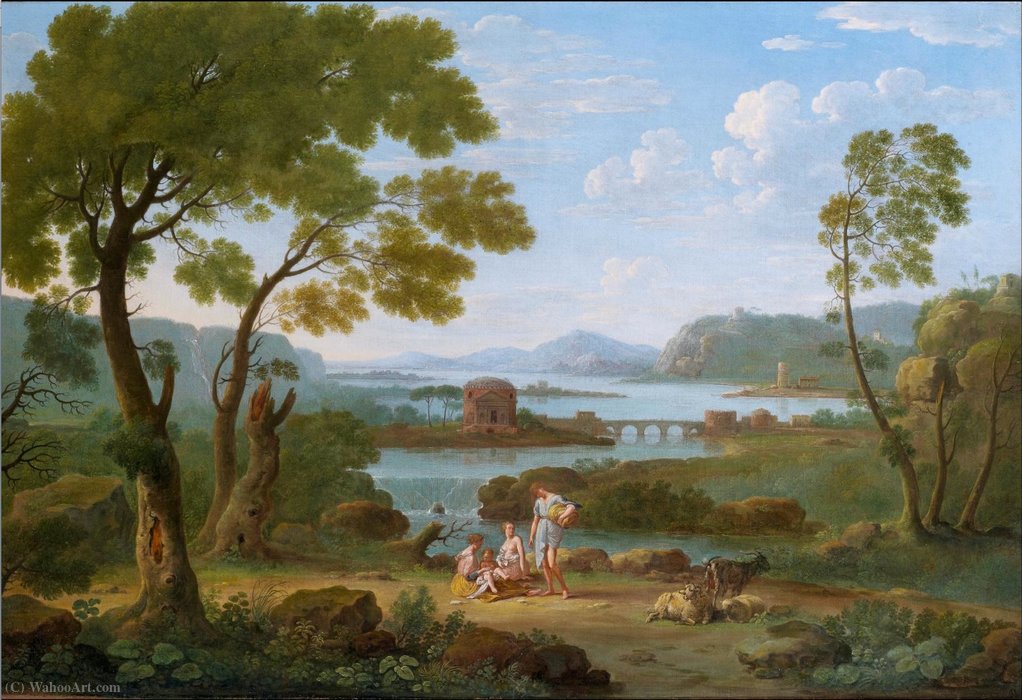 Order Oil Painting Replica Classical River landscape with figures and goats before a bridge, waterfall and circular temple by Hendrik Frans Van Lint (1684-1763, Belgium) | ArtsDot.com