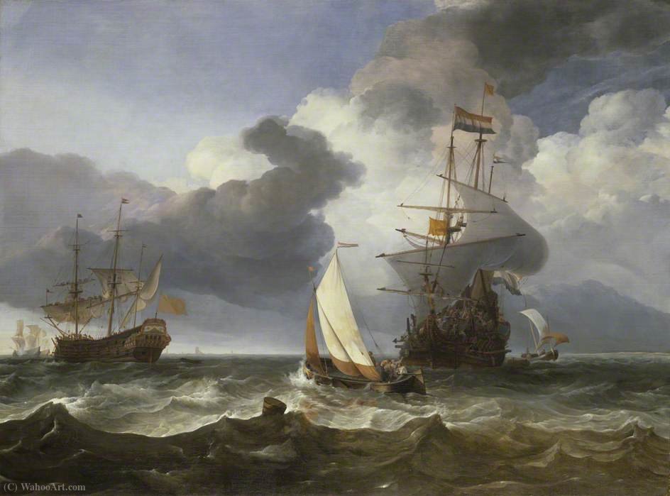 Buy Museum Art Reproductions A Smalschip with Two Dutch East Indiamen Coming to Anchor by Hendrik Jakobsz Dubbels | ArtsDot.com