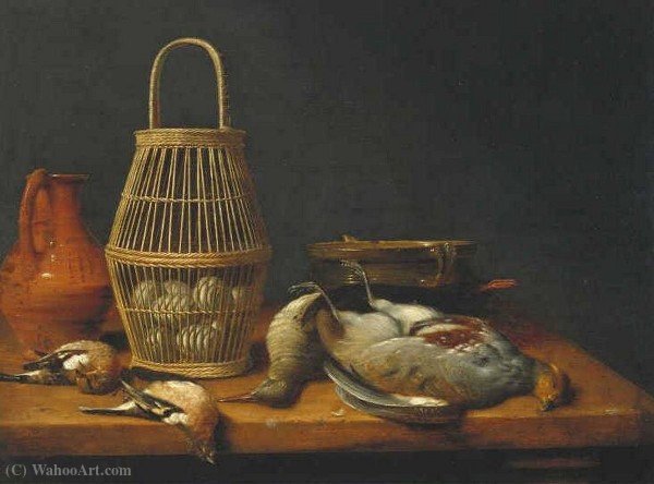 Order Art Reproductions Basket of eggs among dead birds and kitchen utensils by Hubert Van Ravesteyn (1640-1687, Netherlands) | ArtsDot.com