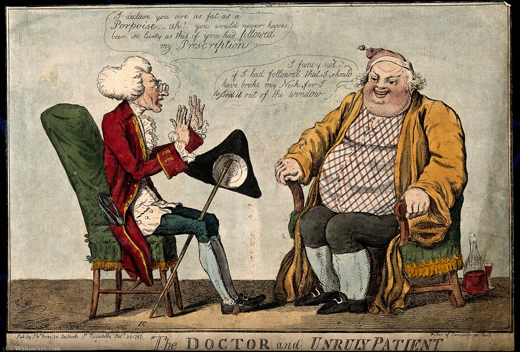 Buy Museum Art Reproductions A doctor reprimanding an obese patient for not taking his me by Isaac Robert Cruikshank (1764-1811, Scotland) | ArtsDot.com
