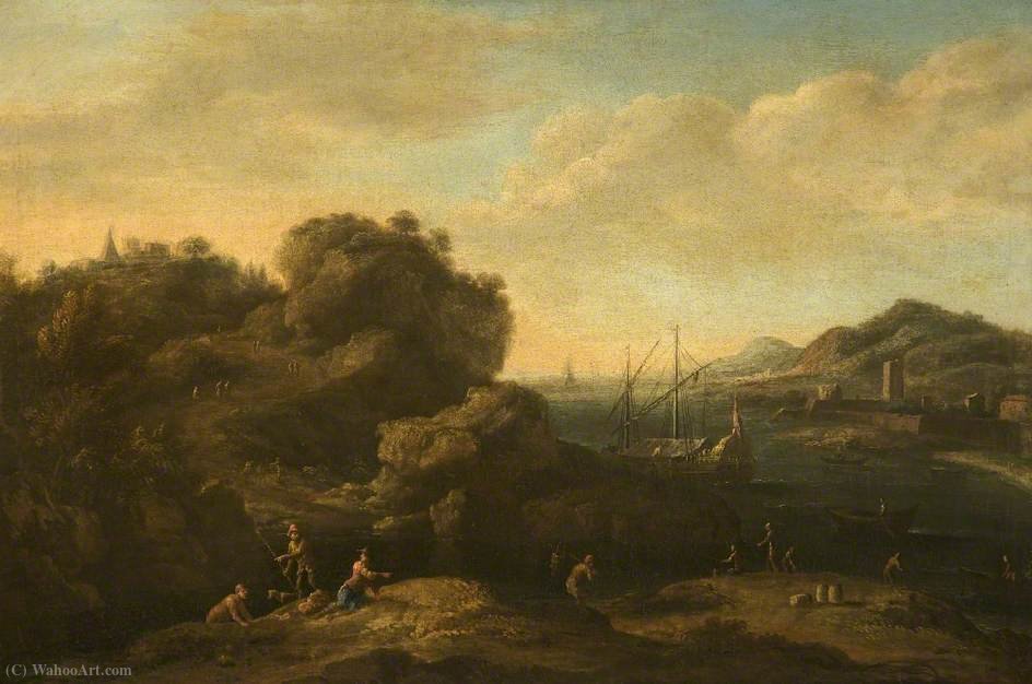 Buy Museum Art Reproductions A Rocky Mediterranean Coast with Peasants and a Galley by Jacob De Heusch (1656-1701, Netherlands) | ArtsDot.com