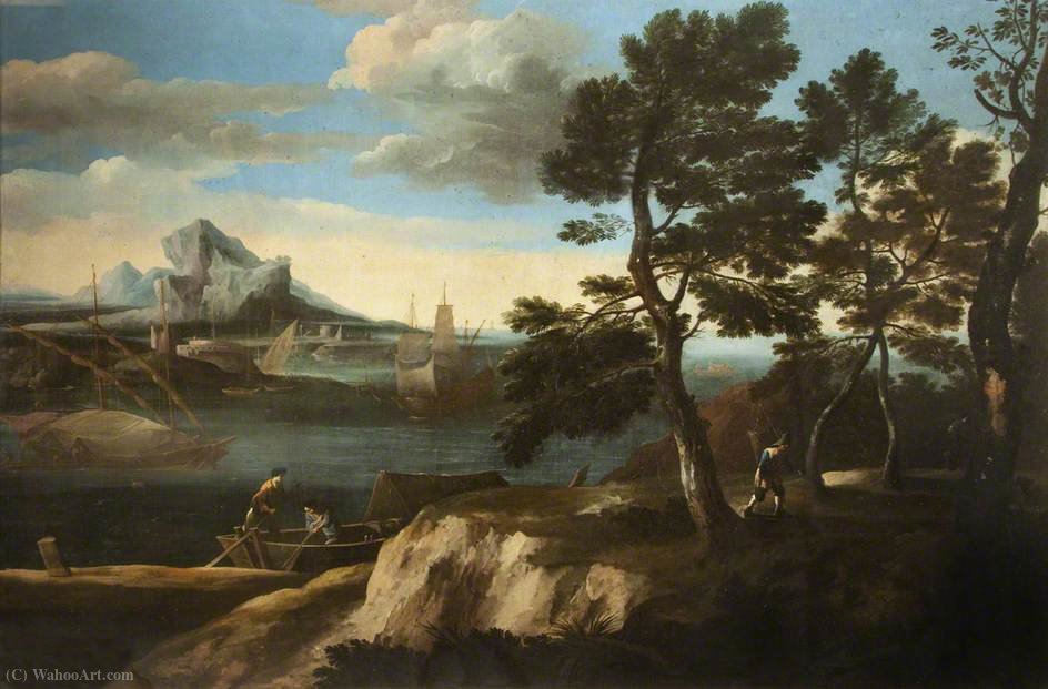 Order Art Reproductions River Landscape with Figures in a Boat by Jacob De Heusch (1656-1701, Netherlands) | ArtsDot.com