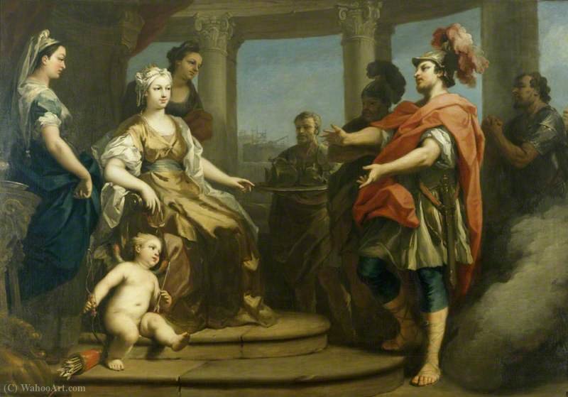 Order Paintings Reproductions Aeneas and Achates Wafted in a Cloud before Dido, Queen of Carthage, with Cupid at Her Feet by Jacopo Amigoni (1682-1752, Italy) | ArtsDot.com