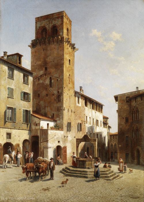 Buy Museum Art Reproductions Platz in San Gimignano by Jacques François Carabain (1834-1933) | ArtsDot.com