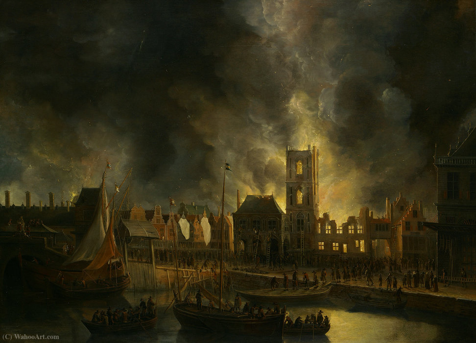 Order Oil Painting Replica Old Town Hall fire on the Dam by Jan Abrahamsz Beerstraten (1622-1666, Netherlands) | ArtsDot.com