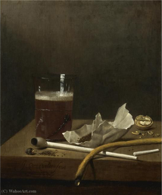 Order Oil Painting Replica Still Life with a Glass of Beer, a Pipe, Tobacco and Other Requisites of Smoking by Jan Jansz Van De Velde (1620-1662, Netherlands) | ArtsDot.com