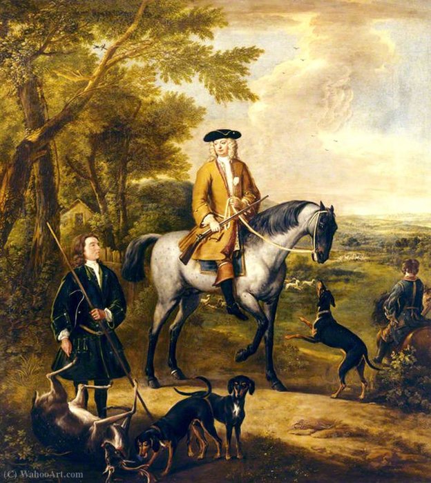 Order Oil Painting Replica Gilbert Coventry (c.1688–1719), 4th Earl of Coventry, with Two Huntsmen in a Landscape by John Wootton (1682-1764, United Kingdom) | ArtsDot.com