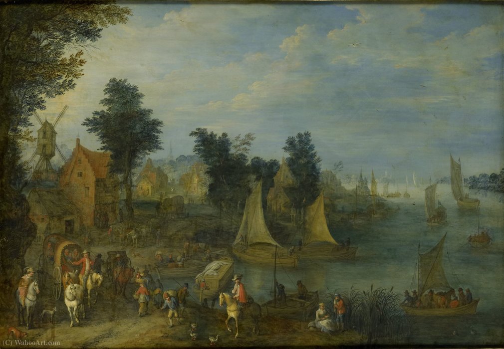 Order Art Reproductions Village on the border of a river by Joseph Van Bredael (1688-1739, Belgium) | ArtsDot.com
