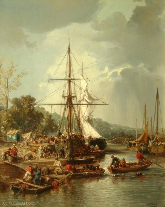 Buy Museum Art Reproductions The Quay, Hennebont, France, with Boats and Figures by Jules Achille Noel (1810-1881, France) | ArtsDot.com