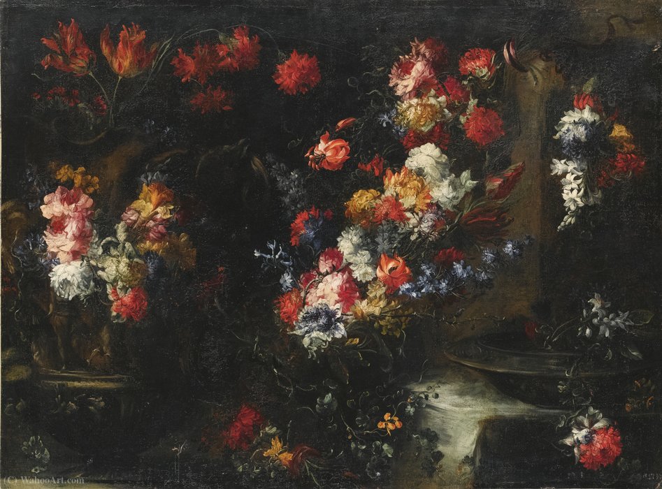 Order Oil Painting Replica An ornate still life with flowers in vases on a stone ledge by Margherita Caffi (1650-1710, Italy) | ArtsDot.com