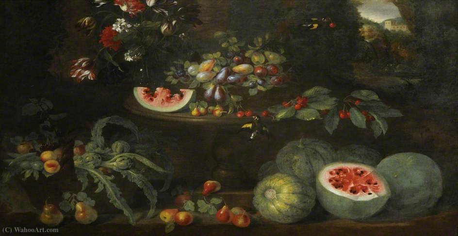 Order Artwork Replica Still Life with Fruit and Flowers in a Landscape around a Sculptured Stone Table by Michele Pace Del Campidoglio (1610-1670, Italy) | ArtsDot.com