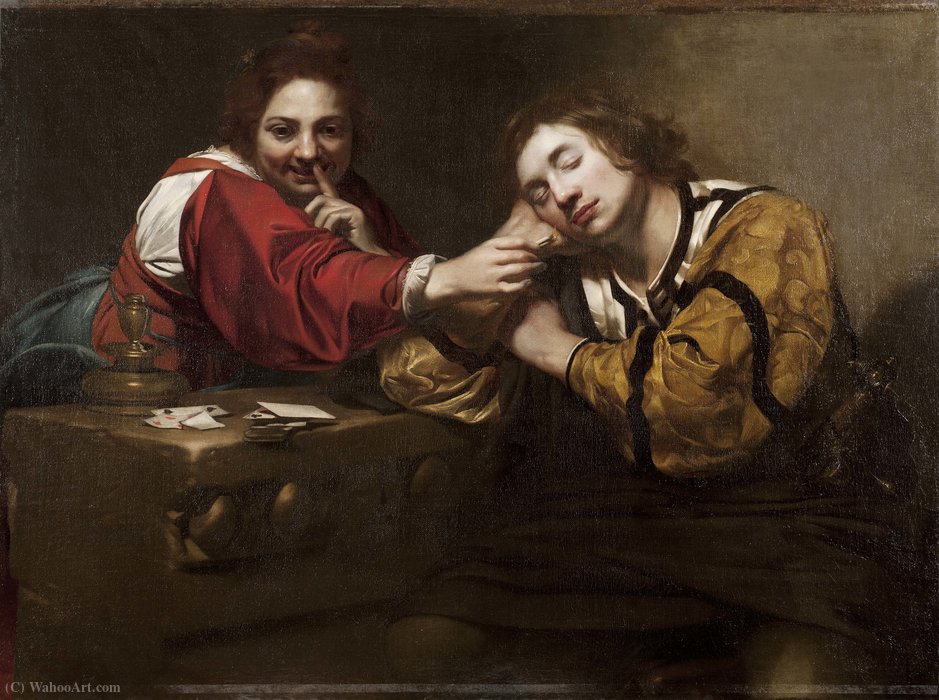 Order Art Reproductions Sleeper Awakened by a Young Woman with a Lit Wick by Nicolas Régnier (1591-1667, France) | ArtsDot.com