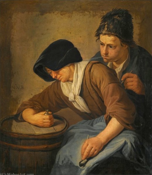 Order Oil Painting Replica Interior with a Man and a Woman Smoking by Norbert Van Bloemen (1670-1746, Belgium) | ArtsDot.com