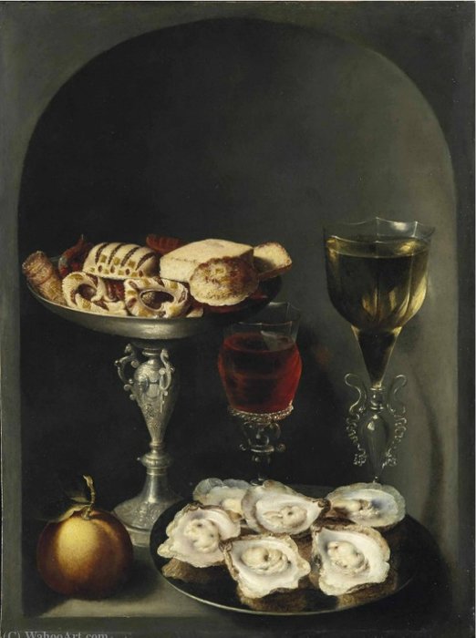 Buy Museum Art Reproductions Oysters on a pewter plate, sweetmeats and biscuits in a silver tazza, two façon-de-venise wine glasses and an orange in a niche by Osias Beert The Elder (1580-1624) | ArtsDot.com