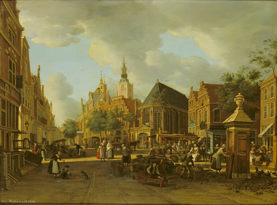 Order Oil Painting Replica The Groenmarkt as seen towards the Westeinde by Paulus Constantin La Fargue (1729-1782, Netherlands) | ArtsDot.com