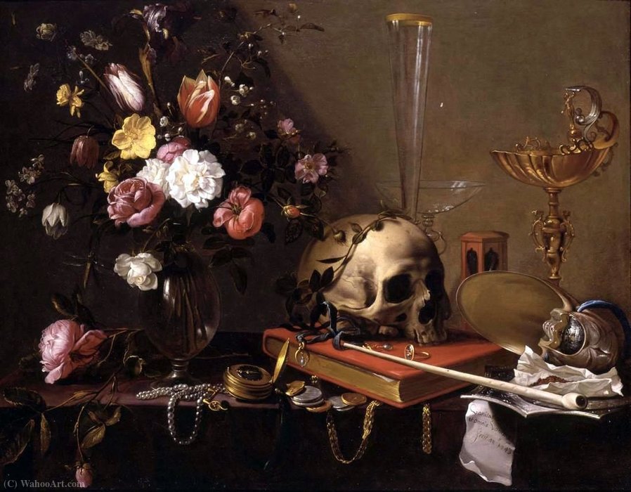 Buy Museum Art Reproductions Still Life with Bouquet and Skull by Pieter De Ring (1618-1660, Netherlands) | ArtsDot.com