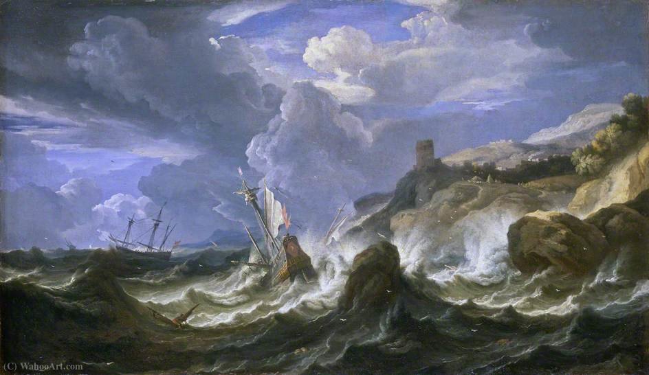 Buy Museum Art Reproductions A Ship Wrecked in a Storm off a Rocky Coast by Pieter The Younger Mulier (1637-1709, Netherlands) | ArtsDot.com