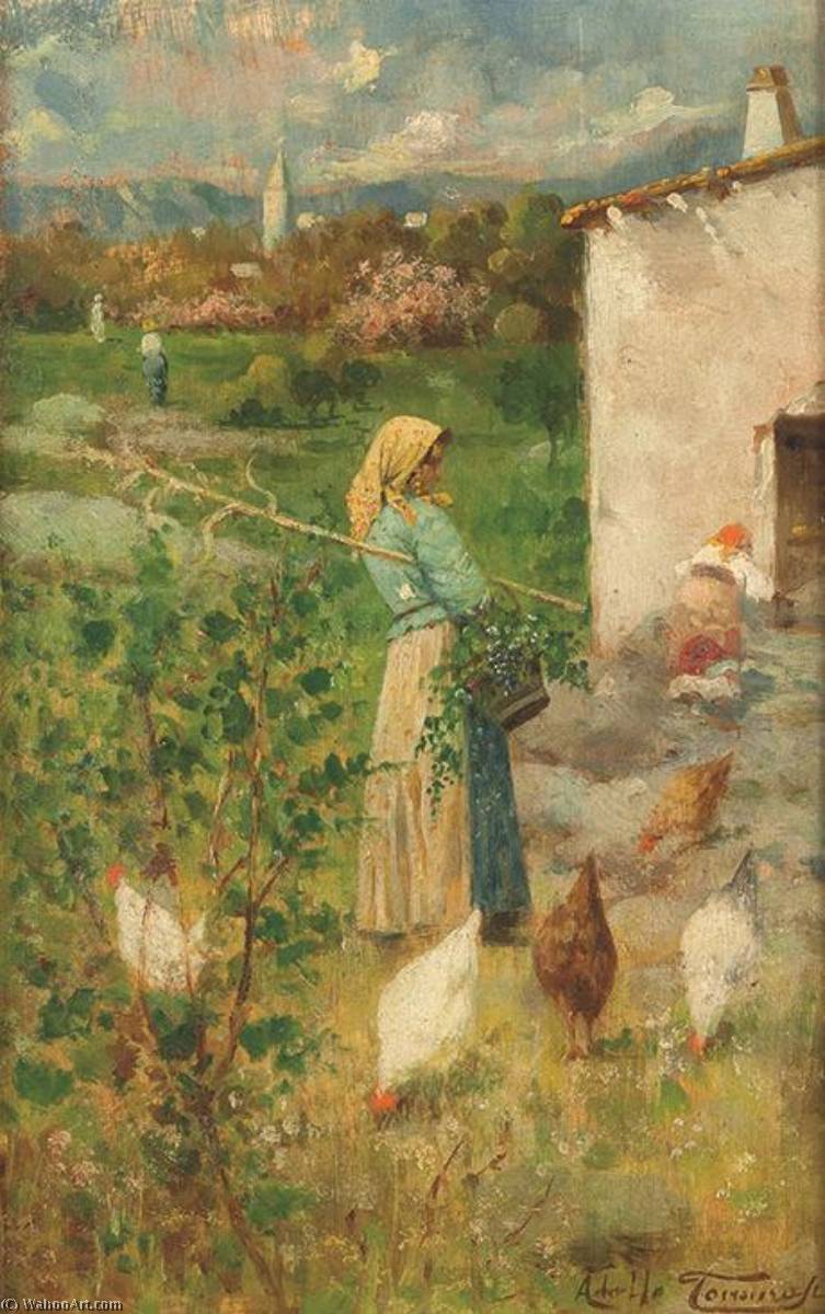 Order Oil Painting Replica Landscape with Peasant and Chickens by Adolfo Tommasi (1851-1933) | ArtsDot.com