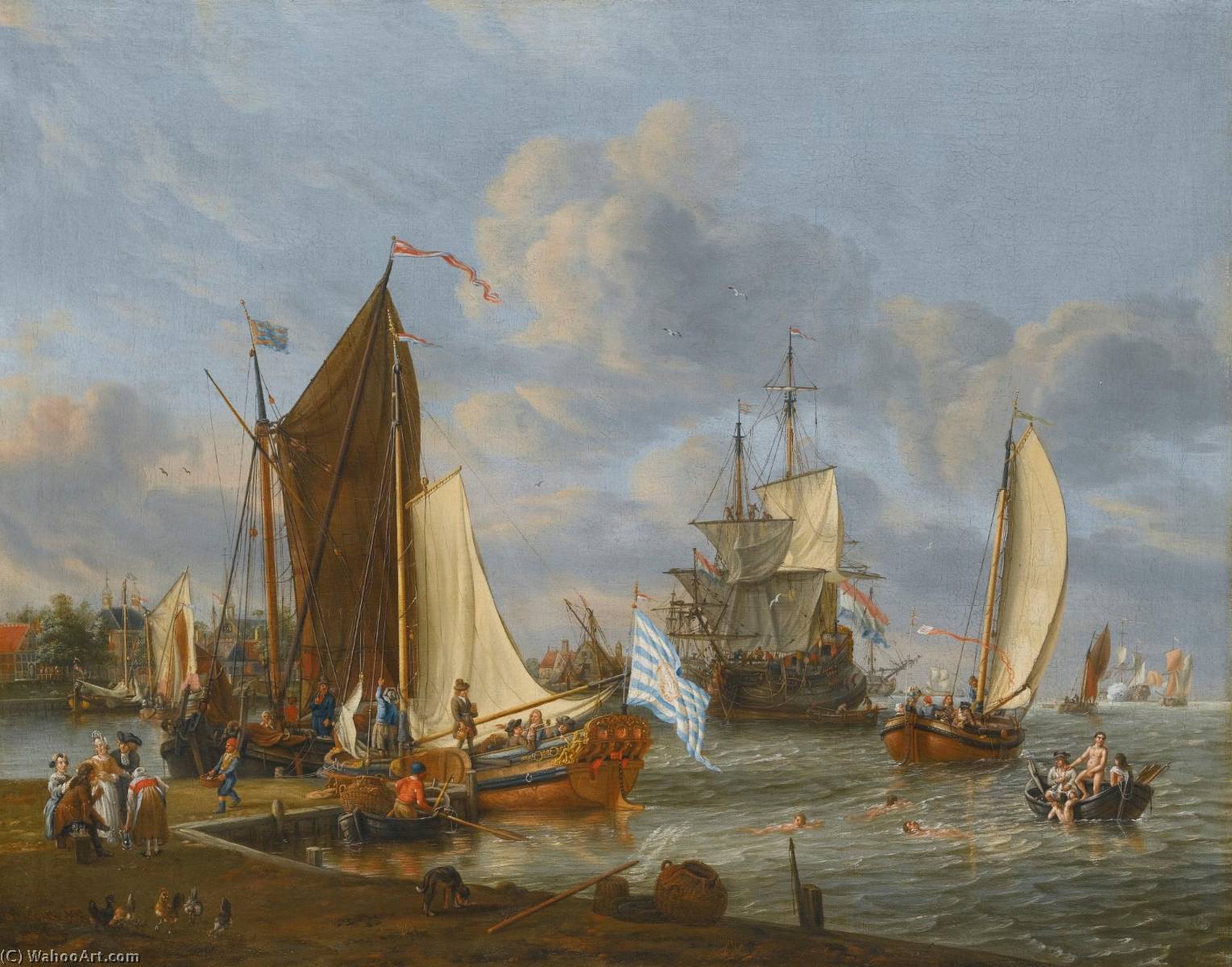 Order Oil Painting Replica A Dutch harbour with a bezan yacht and a galjoot moored at a quay, a boeier yacht under sail and a man o`war anchored beyond, with figures bathing from a rowing boat by Abraham Storck (Sturckenburch) (1644-1708, Netherlands) | ArtsDot.com