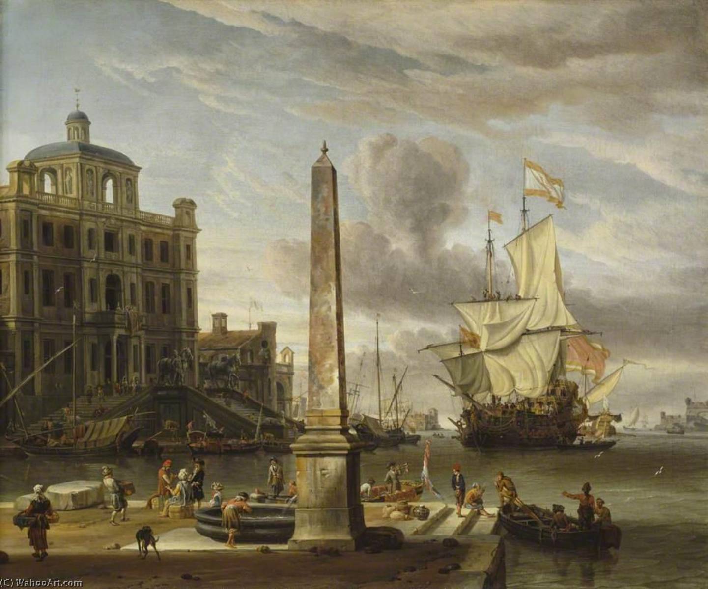 Order Paintings Reproductions Italianate Harbour View with a Fantasy Building and Man o` War, 1697 by Abraham Storck (Sturckenburch) (1644-1708, Netherlands) | ArtsDot.com