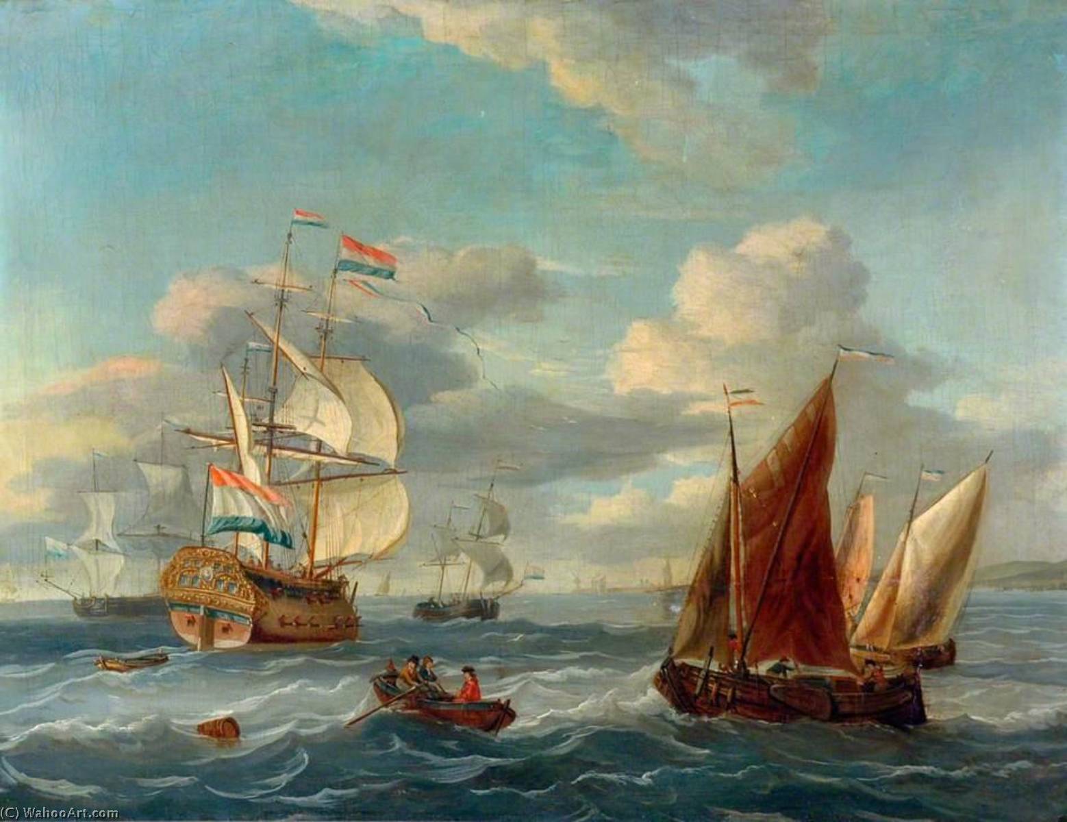 Order Oil Painting Replica A Dutch Two Decker and Other Vessels Offshore in a Choppy Sea, 1678 by Abraham Storck (Sturckenburch) (1644-1708, Netherlands) | ArtsDot.com