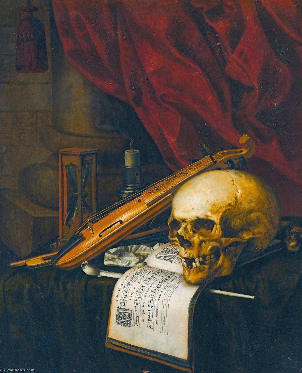 Order Paintings Reproductions A vanitas still life with a skull, a violin, a musical score, a pipe and tobacco, an hourglass and a candle on a draped table by Carstian Luyckx (1623-1657) | ArtsDot.com