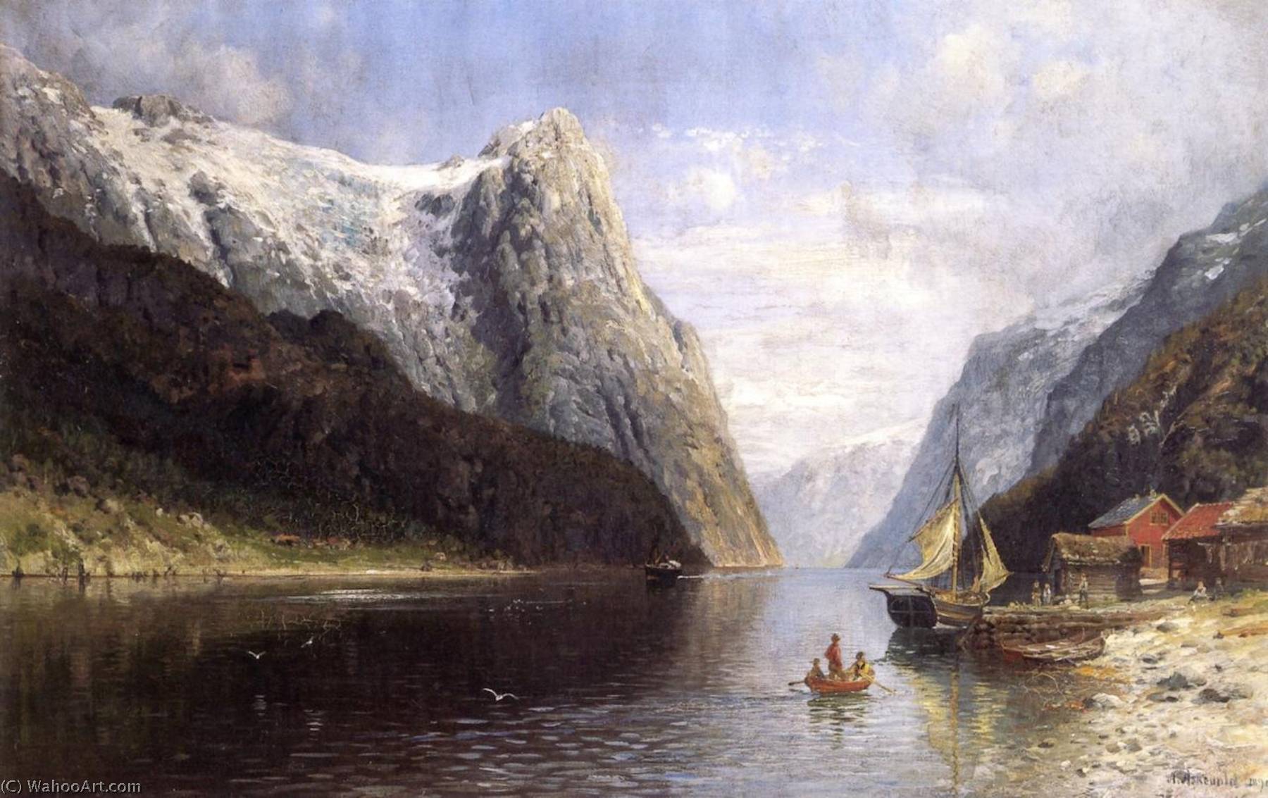 Order Oil Painting Replica Fishing Boats on a Fjord, 1890 by Anders Monsen Askevold (1834-1900) | ArtsDot.com