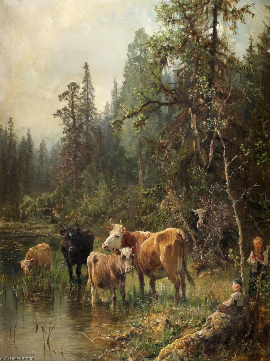Order Paintings Reproductions Morning at the Edge of a Forest Lake, 1882 by Anders Monsen Askevold (1834-1900) | ArtsDot.com