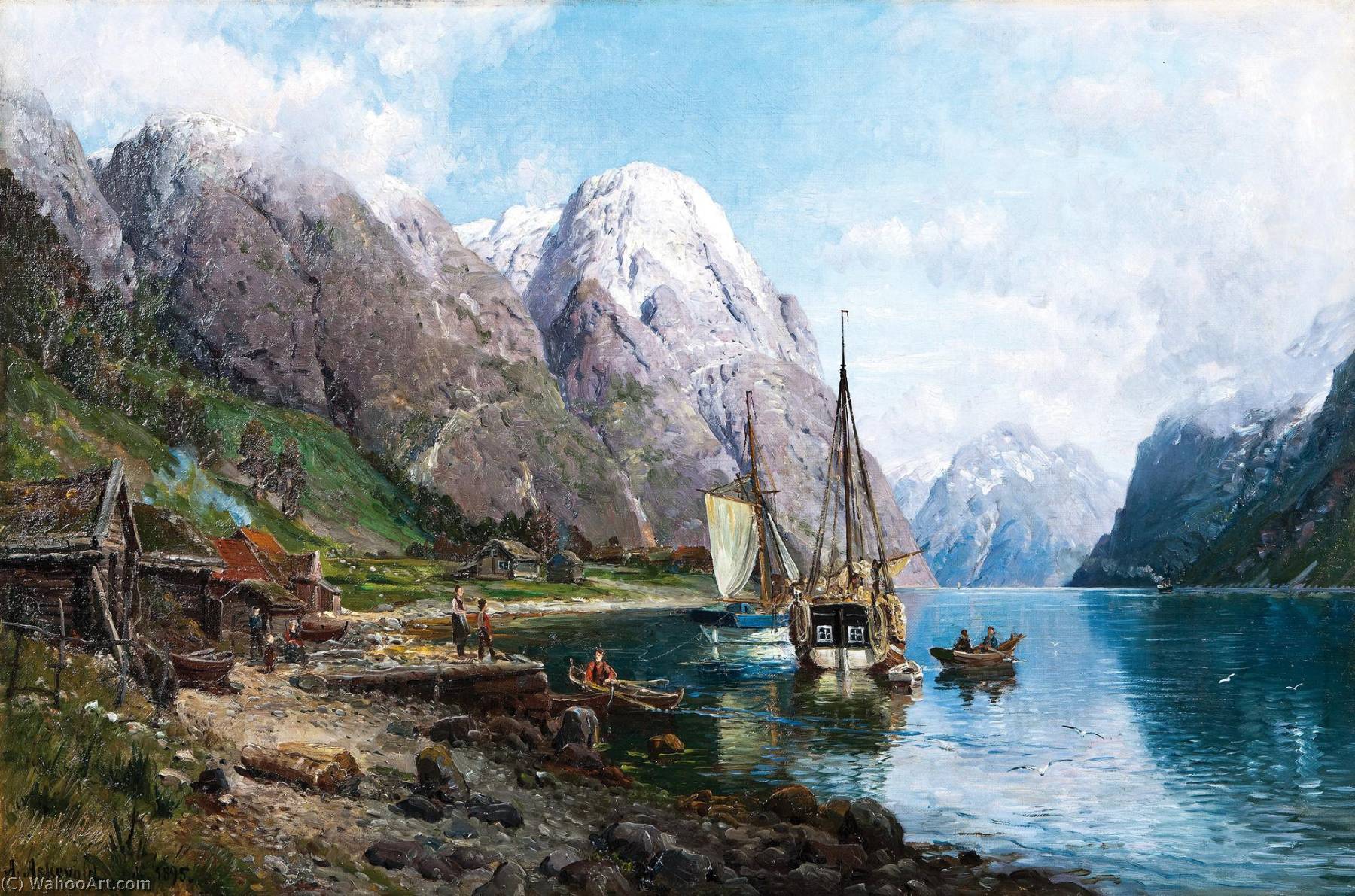 Order Oil Painting Replica Harbor in the Sognefjord (also known as From a Harbor in the Sognefjord), 1895 by Anders Monsen Askevold (1834-1900) | ArtsDot.com