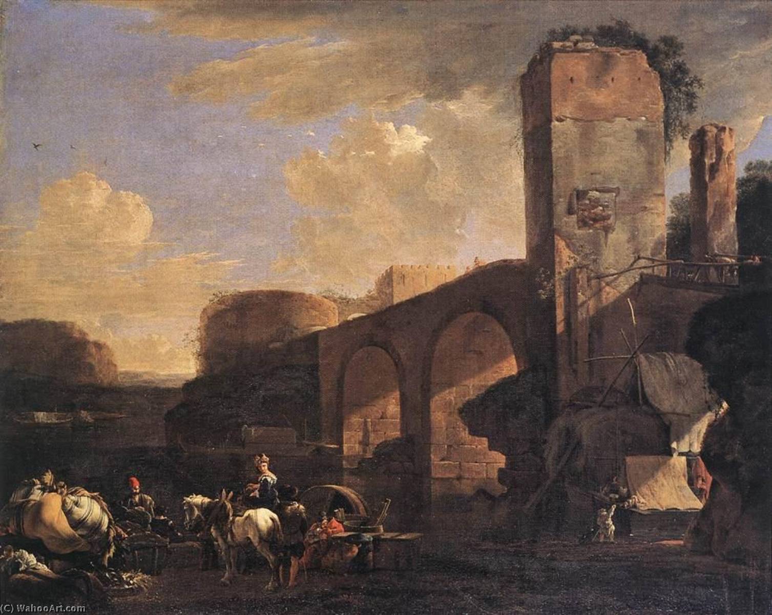 Order Oil Painting Replica Italianate Landscape with a River and an Arched Bridge, 1648 by Jan Asselijn (1610-1652, France) | ArtsDot.com