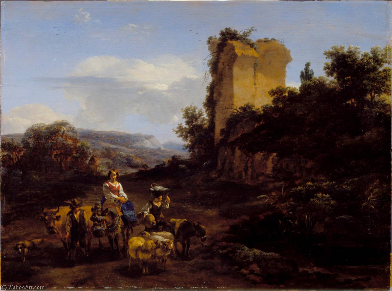 Order Paintings Reproductions Landscape with Ruins and Travelers, 1654 by Nicolaes Berchem | ArtsDot.com