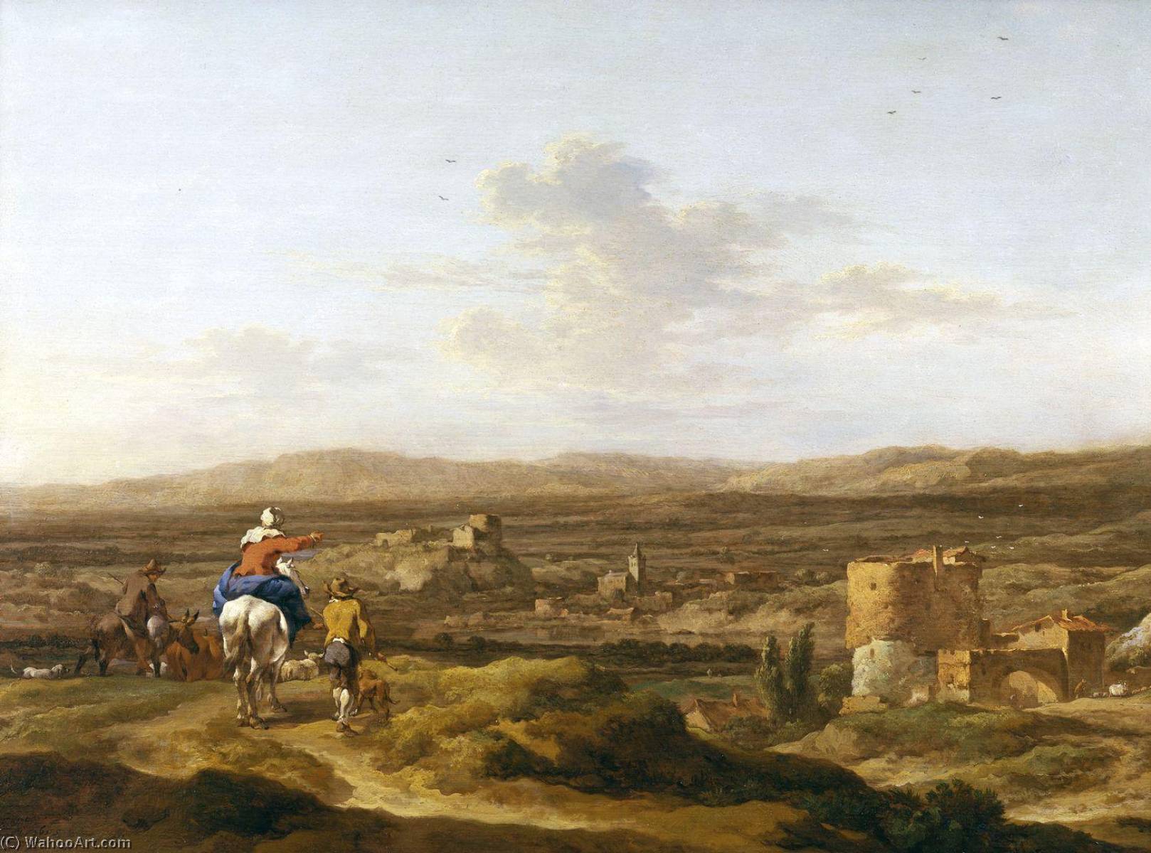 Order Art Reproductions Italian Landscape with Figures and Animals A Village on a Mountain Plateau, 1655 by Nicolaes Berchem | ArtsDot.com