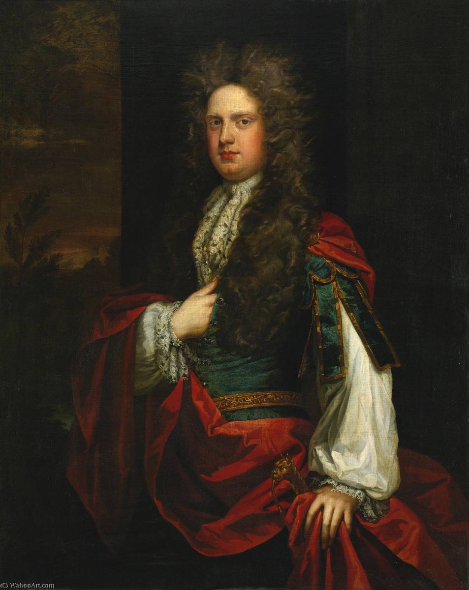 Order Paintings Reproductions Portrait of a Gentleman Dressed in Blue with a Red Mantle by Godfrey Kneller | ArtsDot.com
