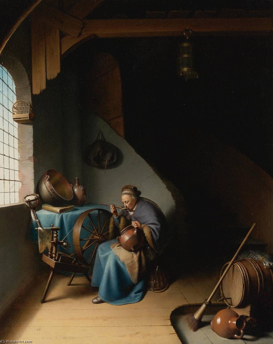 Order Paintings Reproductions an elderly woman, seated by a window at her spinning wheel, eating porridge by Gerrit (Gérard) Dou (1613-1675, Netherlands) | ArtsDot.com